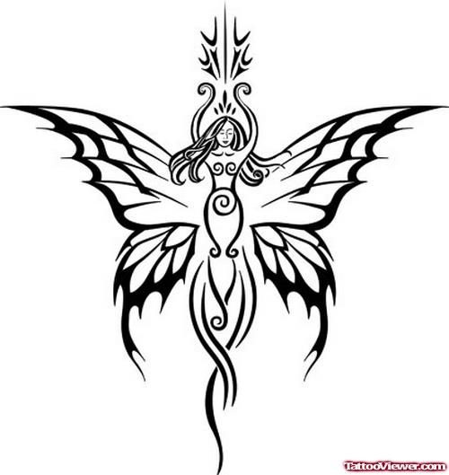 Awesome Black Ink Tribal Fairy Tattoo Design