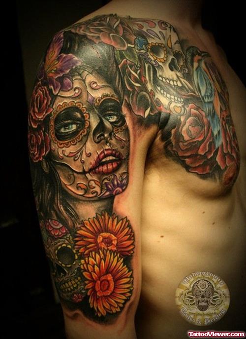 Rose Flowers And Tribal Dia De Los Muertos Tattoo On Chest And Sleeve
