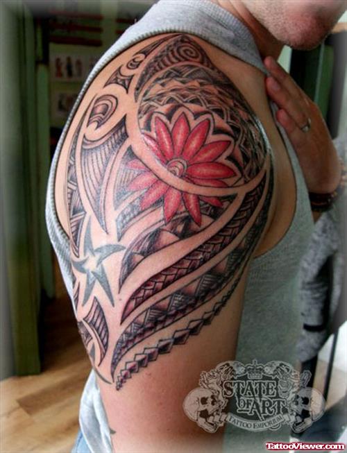 Red Flower And Tribal Tattoo On Right Shoulder