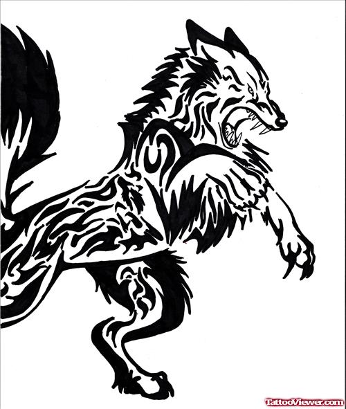 Black Ink Tribal Wolf Tattoo Design