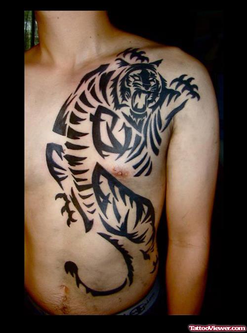 Tribal Tiger Tattoo On Man Chest