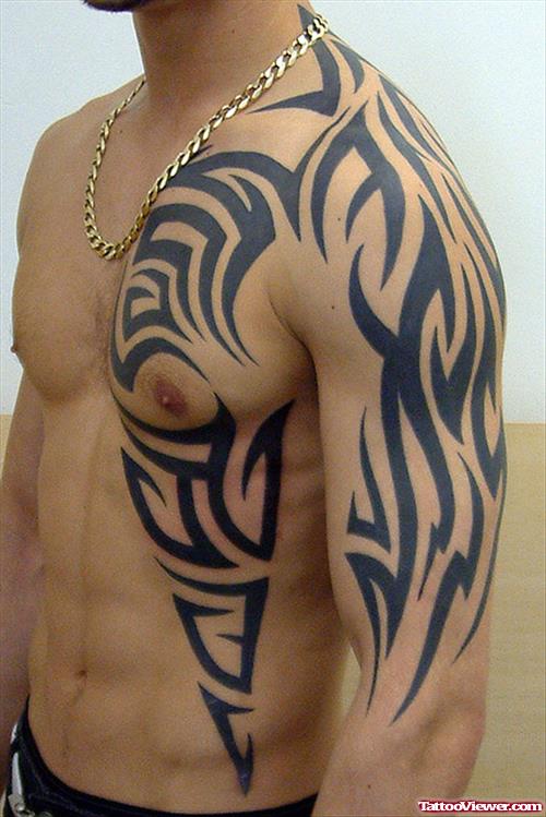 Chest And Sleeve Tribal Tattoo