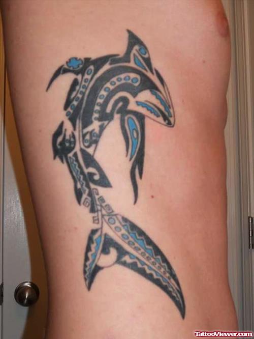 Tribal Shark Tattoo On Side Rib