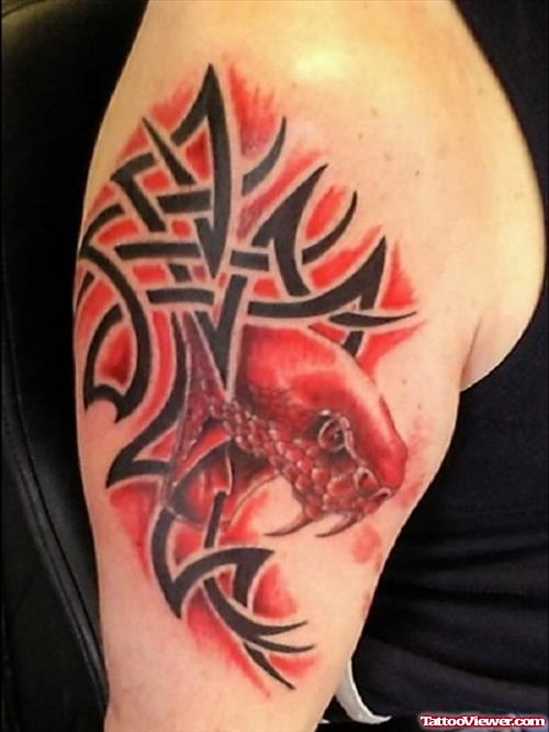 Red snake Head And Tribal Tattoo On Right Half Sleeve