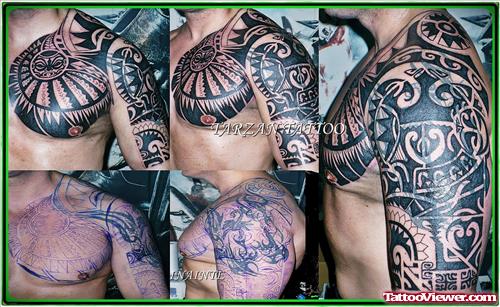 Black Ink Maori Tribal Tattoo On Chest And Sleeve For Men