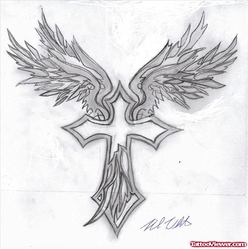 Winged Tribal Cross Tattoo Design