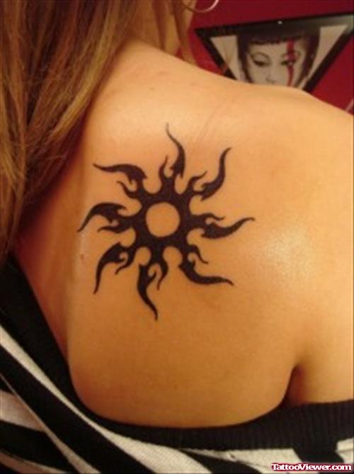 Tribal Sun Tattoo On Back Shoulder