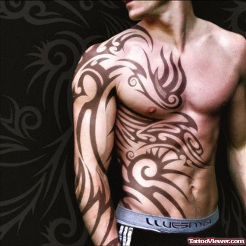 Sleeve And Chest Tribal Tattoo For Men