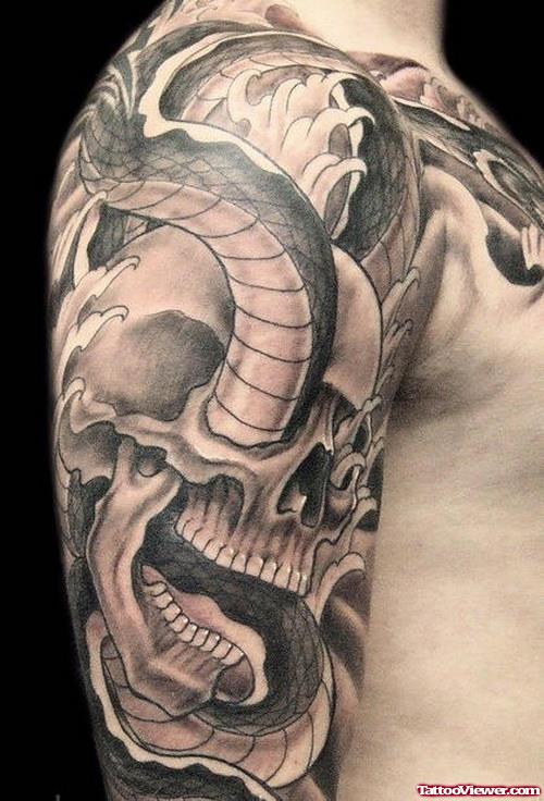 Tribal Skull Horns Grey Ink Tattoo On Half Sleeve