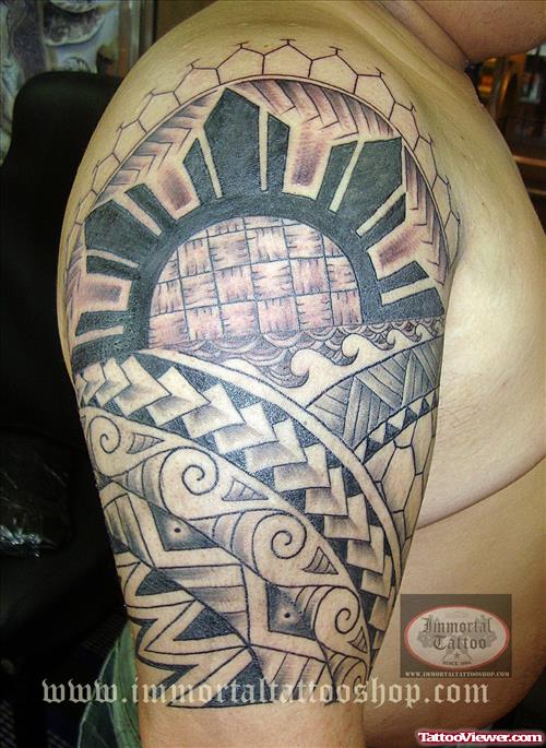 Grey Ink Polynesian Tribal Tattoo On Right Half Sleeve