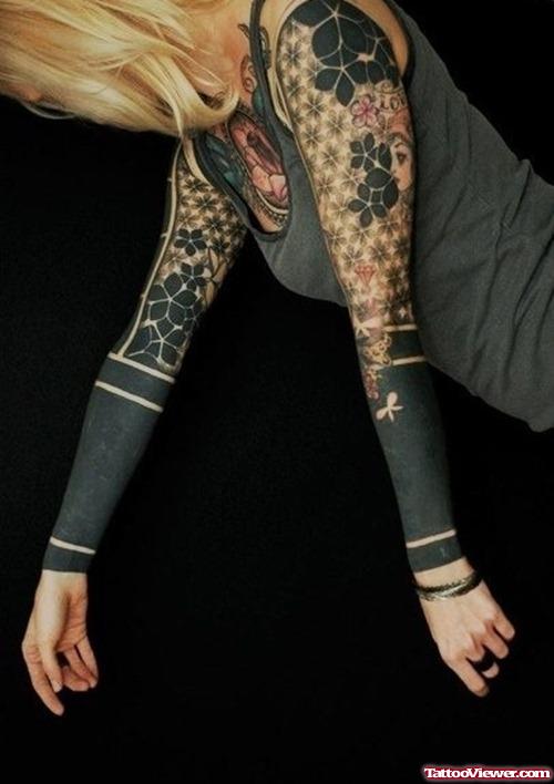 Black Ink Tribal Sleeve Tattoos For Girls