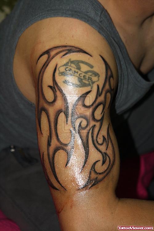 Tribal Grey Ink Tattoo On Right Half Sleeve