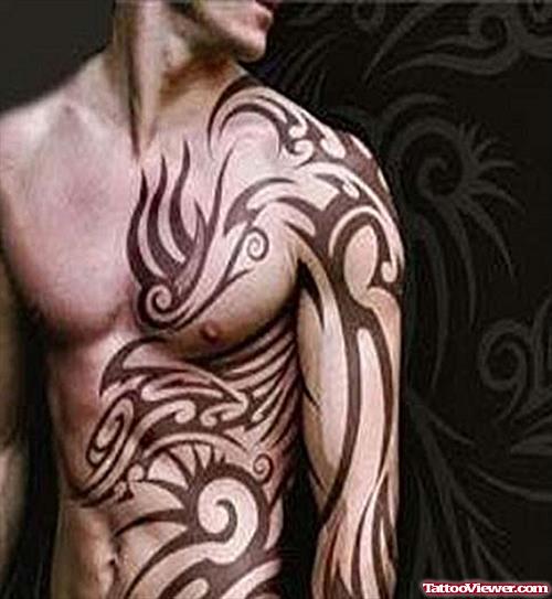Left Side and Sleeve Tribal Tattoo For Men