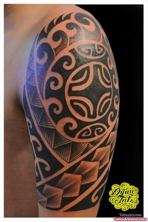 Black Ink Tribal Left Shoulder Tattoo