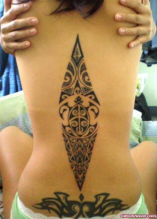 Black Ink Hawaiian Tribal Tattoo On Back Body