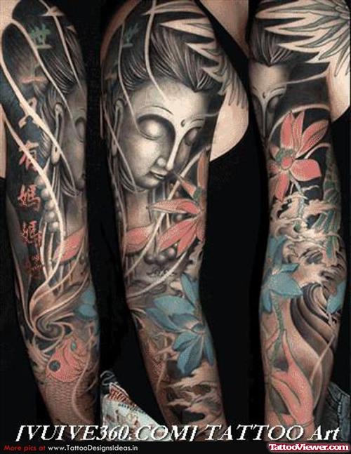 Religious Buddha Tribal Tattoo On Sleeve