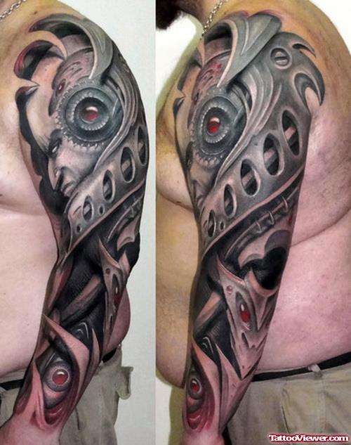 Biomechanical Tribal Tattoo On Left Sleeve