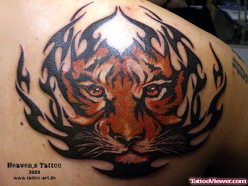 Tribal Tiger Head Color Ink Tattoo On Back