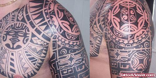 Tribal Maori Tattoo On Left Shoulder