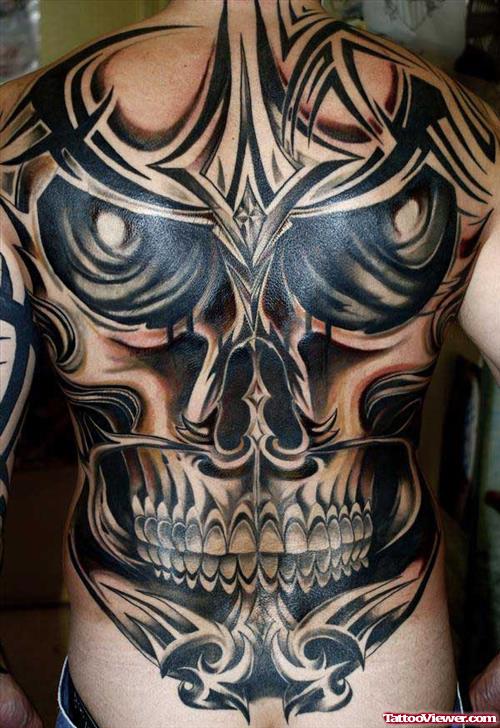 Grey Ink Skull And Tribal Back Body Tattoo