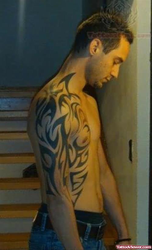 Tribal Tattoo On Half Sleeve And Chest