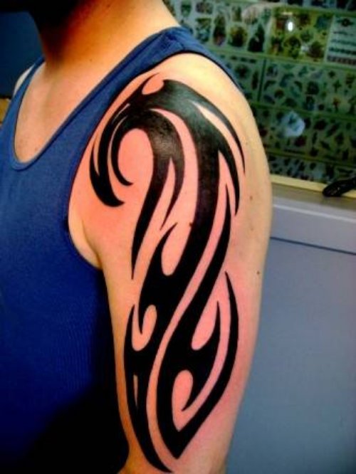 Black Tribal Tattoo On Guy Left Half Sleeve