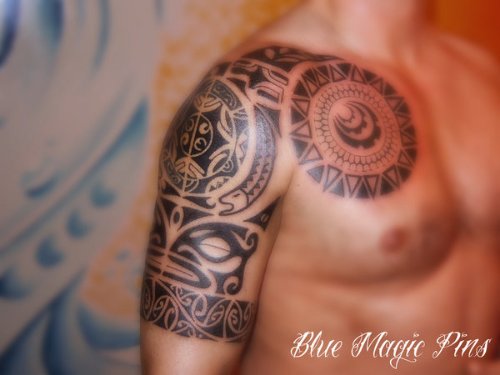 Maori Tribal Tattoo On Right Half Sleeve And Chest
