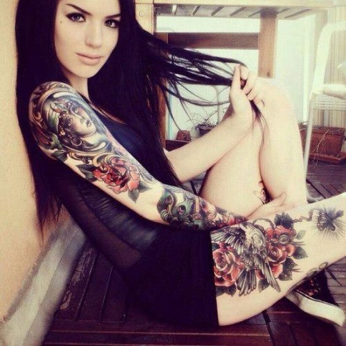 Tribal And Flowers Tattoo On Girl Sleeve And Thigh