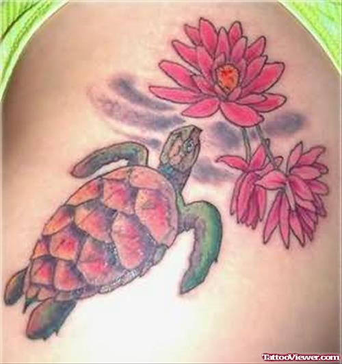 Awesome Turtle & Flowers Tattoo