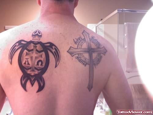 Cross And Turtle Tattoo On Back