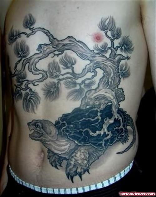 Tree And Turtle Tattoo On Chest