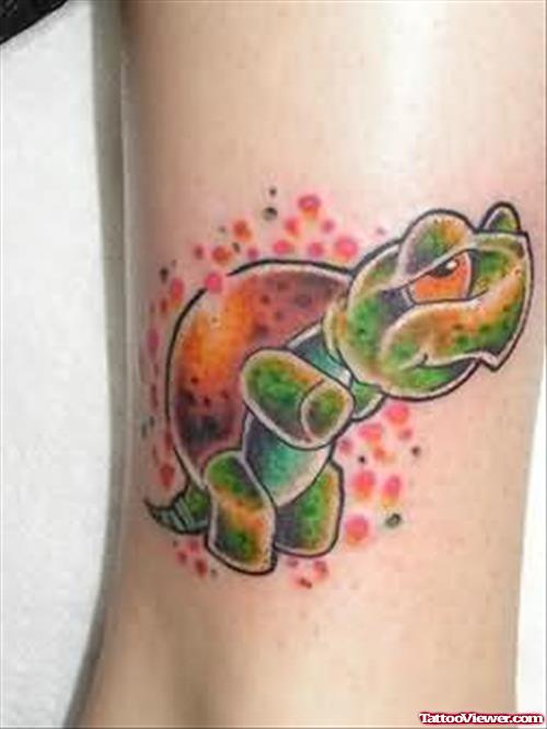 Colorful Turtle Tattoo On Leg