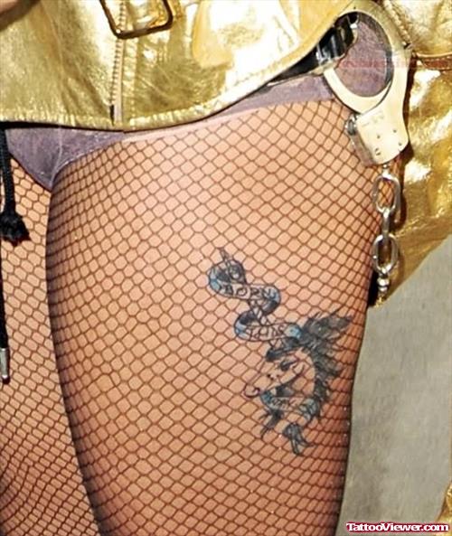 Gaga Unicorn Tattoo On Thigh