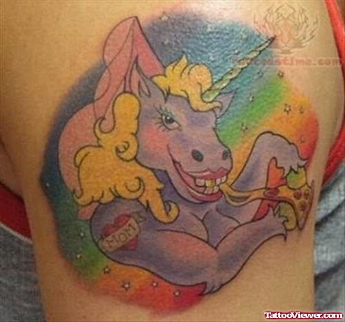 Colored Unicorn Tattoo On Bicep