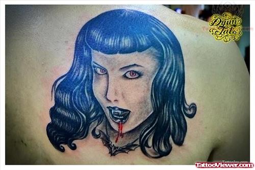 Vampire Girl Tattoo On Back Shoulder