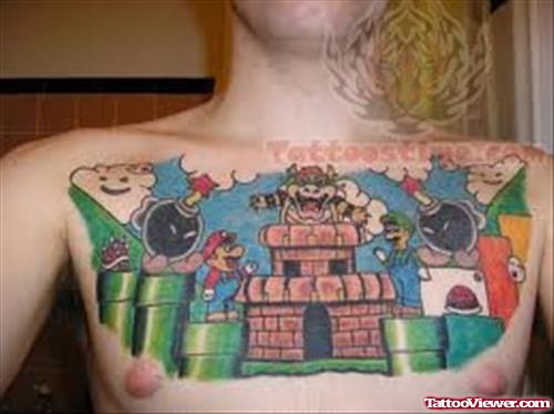 Video Game Colorful Tattoo On Chest