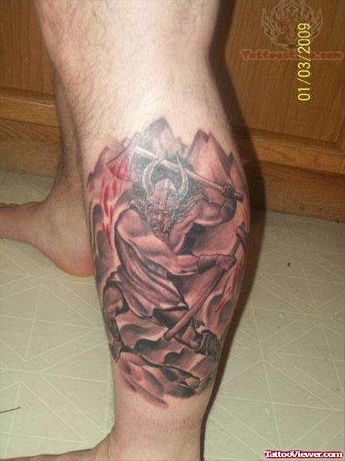 Viking Red Ink Tattoo On Leg
