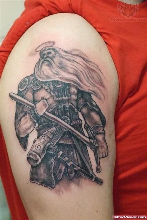 Old Warrior Tattoo On Shoulder