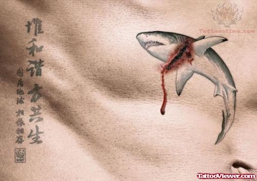 Wild Shark Tattoo On Stomach