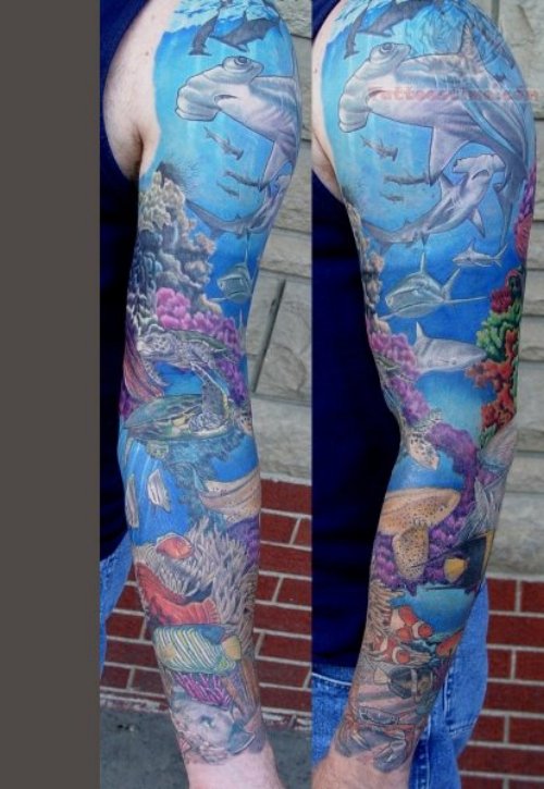 Blue Ink Full Sleeve Wildlife Tattoo