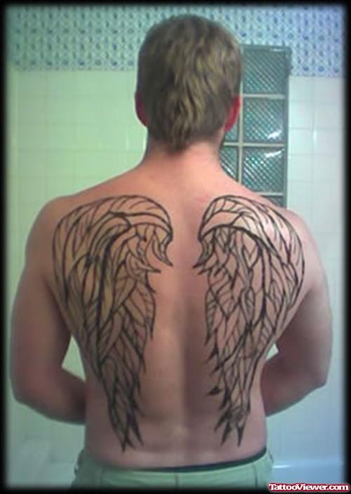 Grey Ink Wings Tattoos On Man Back Body
