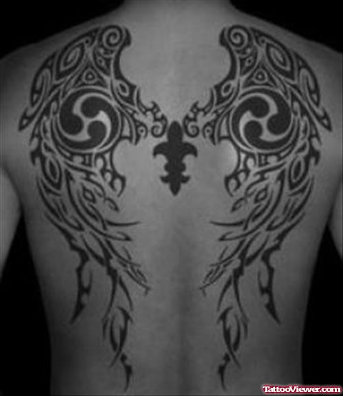 Grey Ink Tribal Wings Tattoos On Back Body