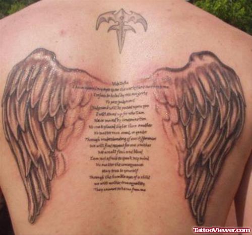 Grey Ink Script And Wings Tattoos On Back