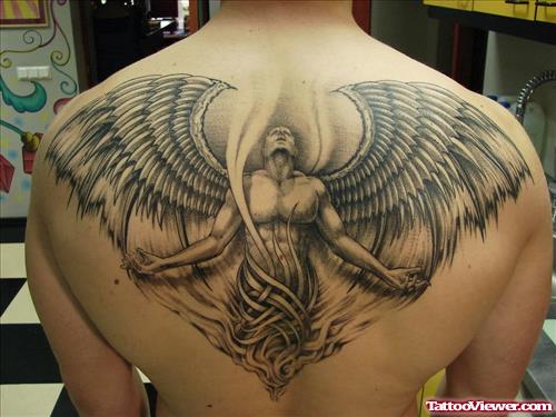 Grey Ink Large Angel Wings Tattoos On Upperback