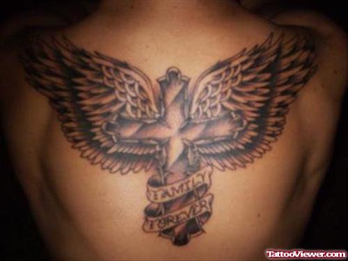 Grey Ink Angel Wings With Cross Tattoo