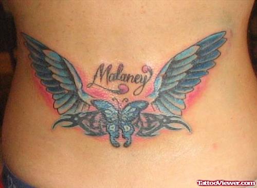 Blue Ink Butterfly and Angel Wings Tattoo On Lowerback