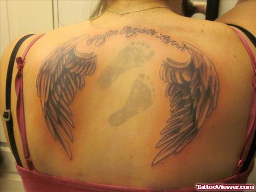 Baby Foot Prints and Angel Wings Tattoo On Back