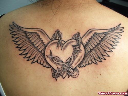Winged Barbed Wire Heart Tattoo On Upperback