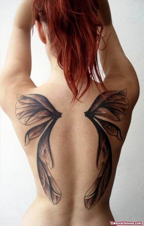 Grey Ink Large Butterfly Wings Tattoos On Back For Girls