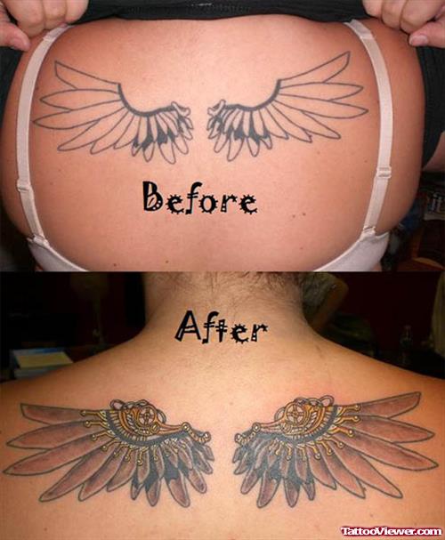 Grey Ink Wings Tattoos On Upperback